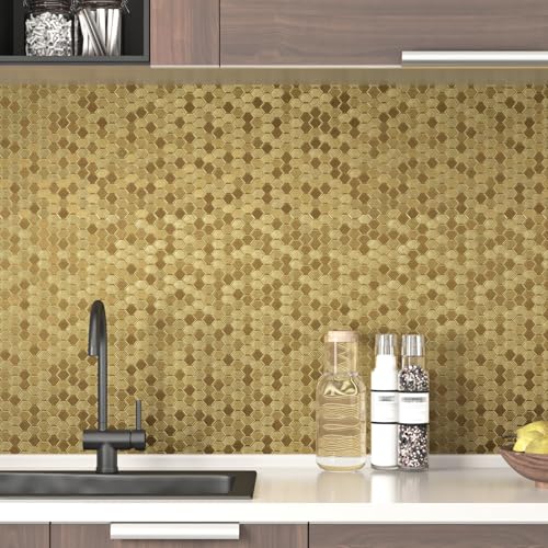 Gold Hexagon Metallic Wallpaper Peel and Stick Countertops Waterproof Honeycomb Metallic Contact Paper Textured Fridge Covers Metal Wall Paper for Cabinet Kitchen Backsplash Shelf Liner