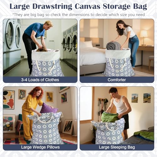 Canvas Laundry Bag 33"Wx 35"H, Thick Canvas Laundry Bag with Handles & Drawstring, Extra Large Heavy Duty Washable Basket Liner Hamper Liner Storage Sack (Geometry Blue) - color: Geometry Blue,1pc XL, size: XL 33"W x 35"H┃1 Pack