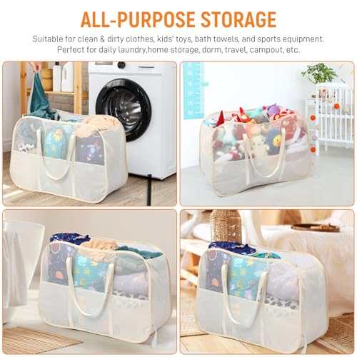 Collapsible Laundry Baskets with 3 Compartment, 150L Tear-proof Pop Up Hamper, Foldable Laundry Basket with Tote Handles, Dirty Clothes Hamper for Laundry, Bedroom, Bathroom, Dorm Beige - style: 3 Compartments- Beige