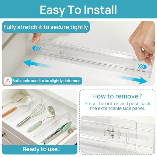 Vtopmart 8 Pack Shallow Drawer Dividers, 2.36" High 12.5"-20.8" Adjustable Expandable Kitchen Drawer Organizer, Clear Plastic Organizer Separators for Flatware, Utensil, Cutlery, Underwear, Clothes - size: 2.36" H, 12.5"-20.8" L