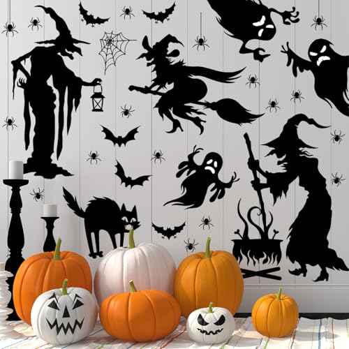 Cholemy Halloween Wall Decals - 4 Sheets, 35.4 x 11.8 Inch Large Witch Spider Bat Pumpkin Stickers, Removable Clings for Home Party Decor Supplies