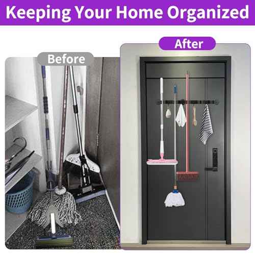 Magnetic Broom Holder Wall Mount - Heavy Duty Non-Slip Mop Hanger with 4 Hooks And 5 Rack, No Drill Tool Organizer for Refrigerator,Garage,Laundry Room (Black, 5Racks 4Hooks)