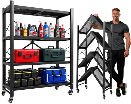 Grezone Foldable Shelves 4 Tier Heavy Duty Metal Storage Shelves with Wheels - No Assembly Collapsible Shelving Unit for Kitchen Garage Hold up to 1000 lbs - size: 39‘’W x 13.5''D x 49.8''H