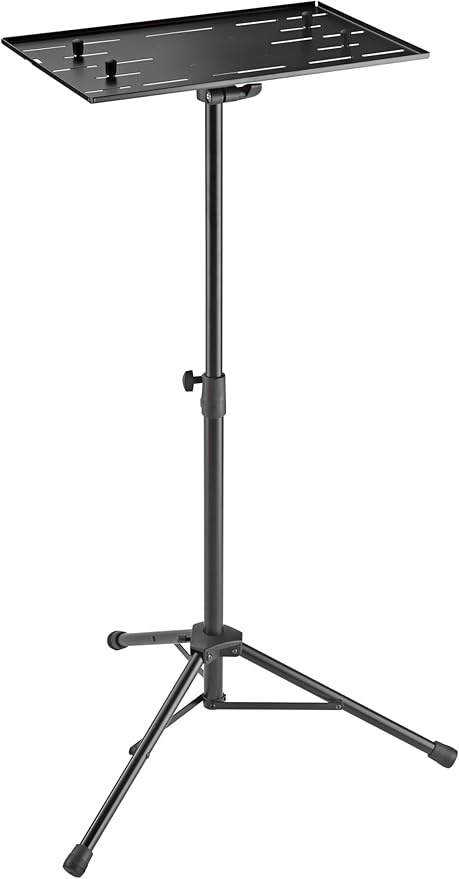 K&M Konig & Meyer 12185.000.55 Laptop Stand | Oversized Desk w/Adjustable Height & Securing Bolts | Cross Brace Foldable Tripod Legs | Ergonomic | Compact | Portable | German Made | Black