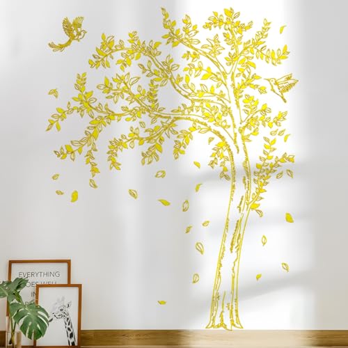 Large Tree Wall Decal - Gold Tree Wall Decals, Peel and Stick Trees Leaves Wall Stickers Foil Stamping Birds Leaf Walls Decor for Classroom Living Room Bedroom Nursery (Gold, 11.8 * 23.6inch)