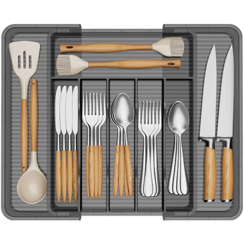 Lifewit Silverware Organizer for Kitchen Drawer, Expandable Utensil Tray for Spoons Forks Knives, Adjustable Flatware Cutlery Holder Storage, Black
