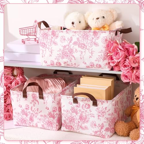 Boao 3 Pcs Pink Floral Foldable Storage Baskets Pink Hydrangea Laundry Basket with Handles Waterproof Storage Bins Fabric Shelf Baskets for Organizing Closet Clothes - style: Pink Flowers