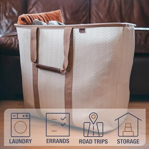 CleverMade Collapsible Laundry Caddy – Foldable Laundry Hamper & Tote, XXL 64L Pop-Up Laundry Basket with Handles, Space-Saving Laundry Organizer for Home & Travel, 2 Pack - LUXE Cream Herringbone - color: LUXE Cream Herringbone