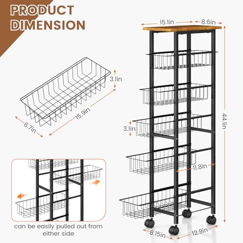 6 Tier Slim Storage Cart with Pull Out Basket, Wooden Top Rolling Kitchen Cart with Lockable Wheels, Metal Wire Fruit Vegetable Storage Basket Narrow Utility Organizer for Kitchen, Bathroom, Laundry