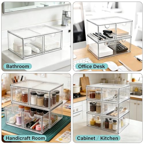 Prsildan Stackable Clear Makeup Organizer Acrylic Storage Drawers with 2 Drawers for Vanity Bathroom Office Desk Modular Drawer System for Cosmetics Jewelry Toiletries Home Organization - style: Style2-2Drawers
