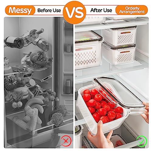 6 PCS Fruit Storage Containers for Fridge with Removable Colanders, 6 Plastic Food Storage Containers with 6 Lids, Leakproof Produce Containers Keep Fruits, Vegetables, Berry, Meat Fresh Longer - color: 6P white