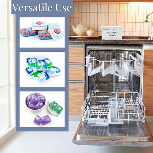 AuldHome Design Dishwasher Pod Holder, Tablet Container; White Enamelware Rustic Kitchen Storage Tin w/ Lid