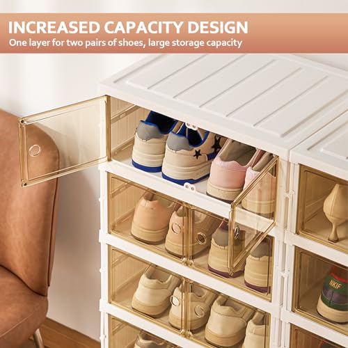 SYNCVIBE Foldable Shoe Rack Organize 6 Tier Plastic Shoe Shelf, 12 Pairs Collapsible Shoes Storage Bins, Large Folding Shoe Boxes for Closet with Doors, Stackable Storage Shoe Cabinet - size: 6 Tiers -12 Pairs