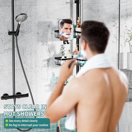 KEGII Shower Caddy Tension Pole - Adjustable Rustproof Corner Bathroom Organizer with Fogless Shower Mirror, 25–114.2 Inch No-Drill Bathroom Storage, Black - style: Tension Caddy with Mirror - Black