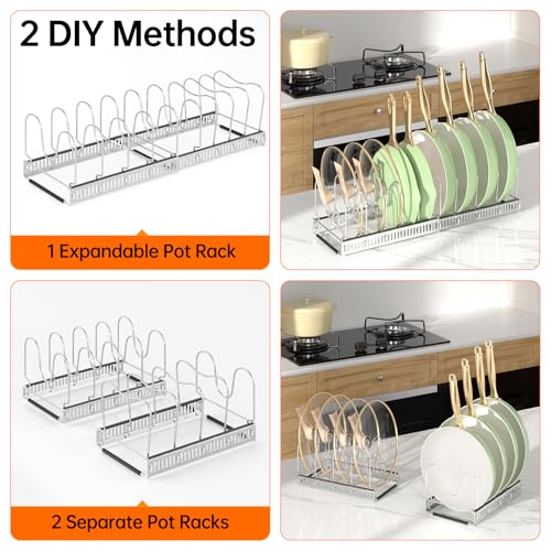 MUDEELA Pots and Pans Organizer Rack for under Cabinet, Expandable Pot Lid Kitchen Cabinet Organizer Holder with 10 Adjustable Compartment Cutting Board Organizer for Pan Lid Cookie Sheet Rack, Silver - style: 10 Dividers-Silver