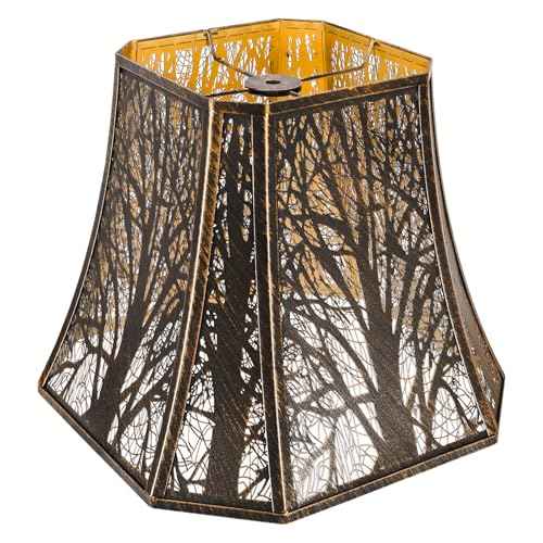 Square Cut Corner Metal Lamp Shades, 7" Top x 12" Bottom x 10.5" High Medium Bell Lampshade (Spider Fitter), Etched Forest Lampshades for Table Lamps and Floor Lamps, Bronze Gold Tree Pattern