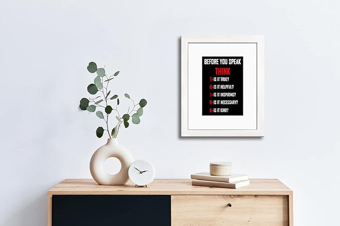 Wieco Art Think Quotes Wall Art Inspirational Canvas Print Motivation Classroom Decor With White Picture Frame and Real Glass Made to Display 5x7" with Mat or 8x10" Without Mat for Home Office Wall Decoration