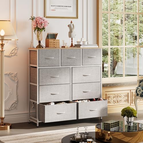 WLIVE 9-Drawer Dresser, Fabric Storage Tower for Bedroom, Hallway, Entryway, Closet, Tall Chest Organizer Unit with Fabric Bins, Steel Frame, Wood Top, Easy Pull Handle, Light Grey - color: Light Grey