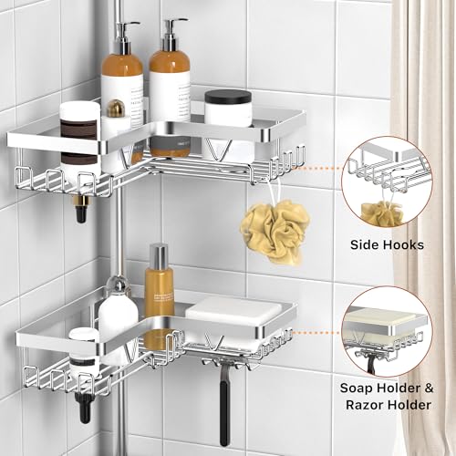 KEGII SUS304 Corner Shower Organizer, Stainless Steel Tension Pole Corner Bathroom Caddy, No Drilling Required Adjustable Shower Shelf for Inside Showers, Silver - style: Tension Caddy - Silver