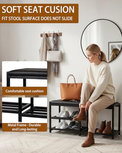 Shoe Rack Storage Bench for Entryway - Iron Shoe Rack with Bench for Entryway, Front Door Entrances or Bathroom, Space-Saving and Robust, Holds Up to 560 lb