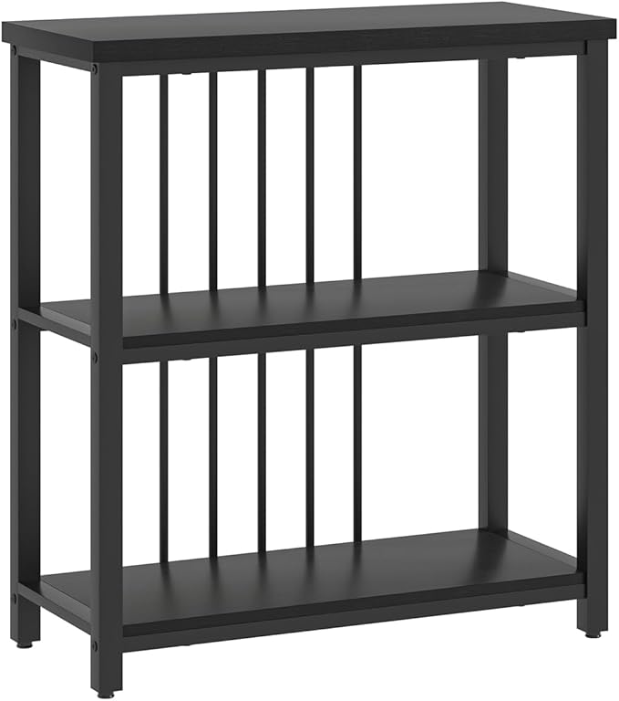 FOLUBAN Bookshelf, Modern 3 Tier Bookcase, Wood and Metal Book Shelves for Living Room Office Bedroom, Rustic Black Oak
