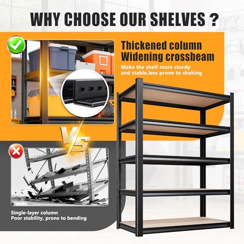 71.2" H Garage Shelving Heavy Duty Storage Shelves, Metal Adjustable Shelving Unit, Utility Garage Organizer Shelf for Basement, Pantry, Kitchen, Warehouse,15.7" Dx35.4 Wx71.2 H Black - size: 5-Wood-15.7"Dx35.4"Wx71.2"H