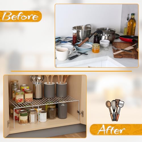 Kitchen Cabinet Expandable Shelf Organizers Set of 2, Adjustable Metal Wire Pantry Storage Shelves Rustproof Cupboard Spice Shelf Rack for Cupboard Countertop Pantry Drawer Utensils