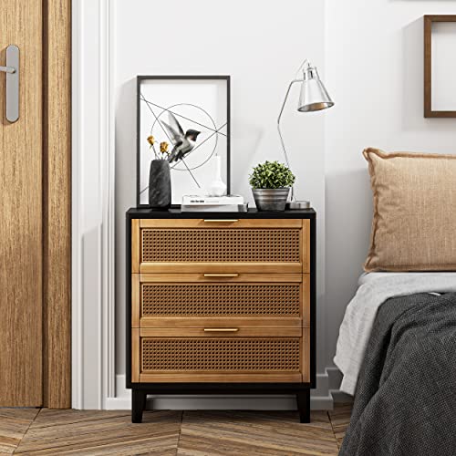 COZAYH Farmhouse 3-Drawer Nightstand, Set of 2 Woven Cane Front Accent Dresser with Brass Pull, Fully-Assembled, Black - color: Black, style: 3 Drawer/2 pack