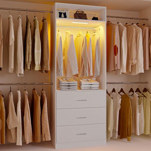 Wooden Closet System With LED Light 11FT Closet Organizer with 3 Wooden Drawers Walk-in Closet Organizer System with Tower and 4 Extendable Hanging Rods White