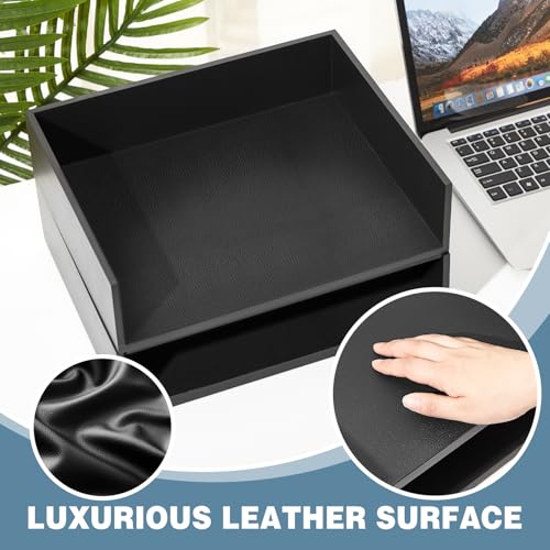 Yeaqee 2 Pcs Wooden Leather Stackable Letter Trays 13 x 10.6inch Luxurious Surface Desk Letter Tray Heavy Paper Inbox Mail Organizer for Office Document Magazine Folder Desktop Accessories(Black)