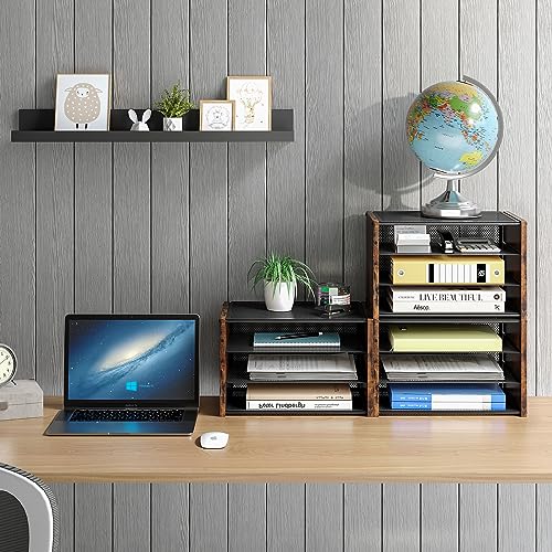 3-Tier Paper Letter Tray, Wooden Desk File Organizer, Stackable Metal Mesh Desk Organizer for Office Supplies. Small Paper Trays for Home Office School, Rustic Brown