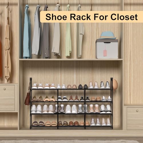 3 Row 4 Tier Long Shoe Rack, Black Metal Stackable Shoe Shelf with Multifunctional Hooks, Shoe Storage Hold 24-30 Pairs, Space Saving Shoe Organizer for Closet,Wide Shoe Rack - size: 3 Row 4 Tier