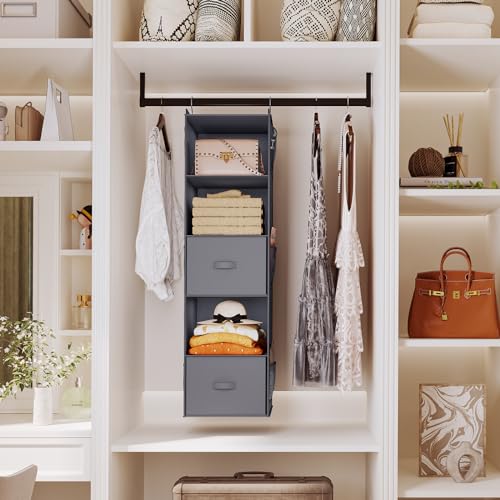 YOUDENOVA Hanging Closet Organizer, 5 Tier Hanging Closet Shelves with 6 Side Pockets and 2 Drawers, Grey - color: Grey