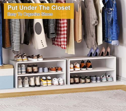 2 Pack 2 Tier Small White Shoe Rack For Closet, Stackable Shoe Shelf Organizer for 18 -24 Pairs of Shoes, Small Shoe Storage Organizer for Entryway, Hallway,Living Room, Bedroom, Size 28.5"* 11" * 13" - size: 2 Pack (28.5" Long)