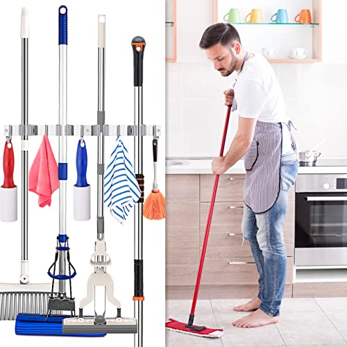 Broom Mop Holder Wall Mount Broom Hanger Wall Mounted Metal Organization Garage Storage Garden Kitchen Tool Organizer With 4 Racks and 5 Hooks (Silver, 1 Pack 4R5H) - size: 1 Pack 4R5H