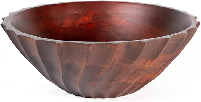 Folkulture Natural Ribbed Salad Bowl | 11” Large Mango Wood Serving Bowl for Salad, Fruit & Pasta | Decorative Wooden Bowl for Kitchen Island, Dining Table & Entertaining