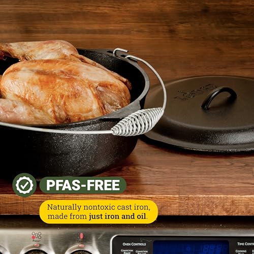 Lodge 9 Quart Pre-Seasoned Cast Iron Dutch Oven with Lid - Wire Bail Handle for Easy Transfer from Cooking Surface to Table - Use in the Oven, on the Stove, on the Grill or over the Campfire - Black
