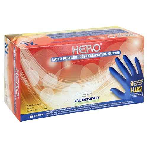 Adenna HERO Disposable Latex Gloves - 14 Mil, NFPA-Approved Heavy Duty Glove with 12" Extended Cuff & Micro-Textured Grip, Exam Grade, Powder Free, Pack of 50, X-Large, Blue
