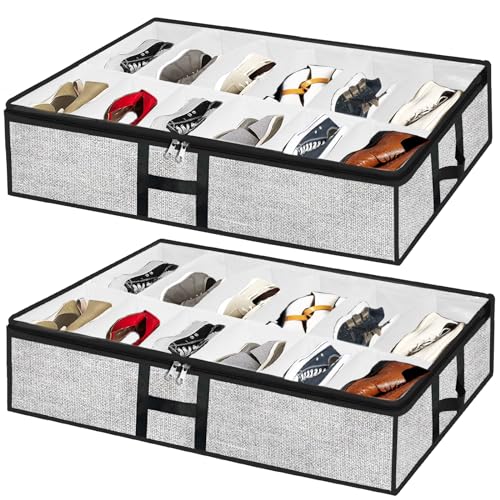Under Bed Shoe Storage Organizer for Closet 2 Pack- Fits 24 Pairs Underbed Shoes Container Boxes, Light Grey - color: Light Grey-24pairs, style: H-Handle