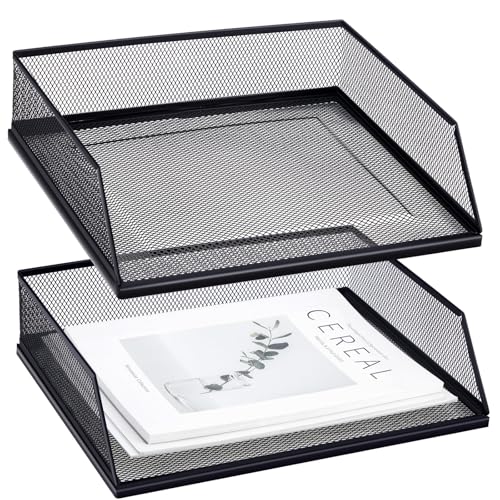 Hicarer 2 Pcs Black Metal Letter Tray Stackable Desk Tray Single Wire Mesh Organizer Front Load File Paper Holder for Desktop Office Home School Classroom (9.84 x 12.8 Inch) - size: 9.84 x 12.8 Inch