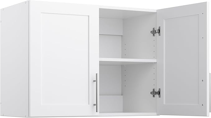 Prepac Elite 24" H Wall Cabinet with Panel Doors, White Storage Cabinet, Bathroom Cabinet, Pantry with 1 Adjustable Shelf 16.75" D x 32" W x 24" H, WSUR-1002-1
