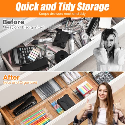 Criusia 6 Pcs Large Size Clear Drawer Organizer Set, Acrylic Non Slip Non Cracking Kitchen Drawer Storage Tray Divider, Multifunctional Storage for Cosmetics, Bathroom, Tools, Kitchen and Office - size: 6 PACK