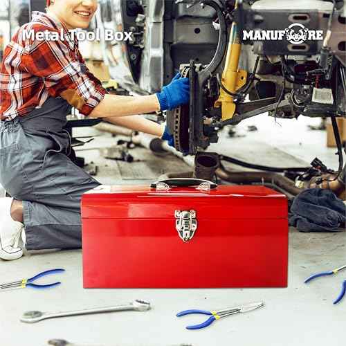 MANUFORE Metal Tool Box 16in Folding Tool Storage Box Lightweight and Sturdy Storage Box Made of Heavy Steel