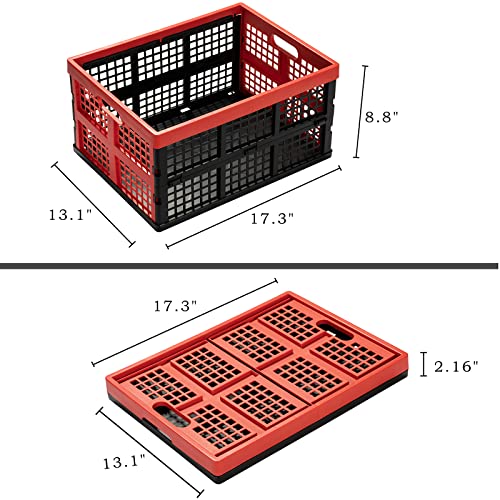 Eslite 34L Large Plastic Folding Storage Crates,Collapsible Crates for Storage,Pack of 3 (Black+Red) - color: Black+Red