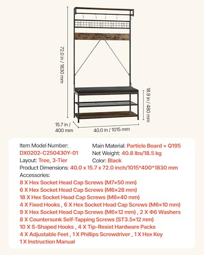 VEVOR Hall Tree with Bench and Shoe Storage, 2 Tier Entryway Bench with Coat Rack, Shoe Rack Storage Organizer with Soft Cushion, Hooks and Hanging Rod for Entryway, Hallway - size: 72" * 40"