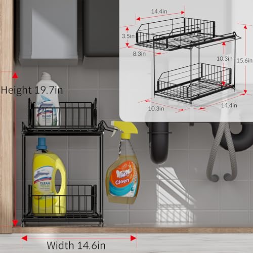 SUEH DESIGN Under Sink Organizers and Storage, 2 Tier Metal Under Sink Storage with Hanging Rail for Kitchen Bathroom Cabinet Organizer, 2 Pack - size: 10.3"W x 15.6"H Wider 2 Pack