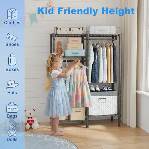 Ulif F1 Garment Rack for Kids, Baby, Students, and Children's Room, 4 Tiers Freestanding and Portable Heavy Duty Closets, Small Metal Clothes Rack with 2 Hanging Rod, 31.2" W x 11.8" D x 48" H, Black - color: Black