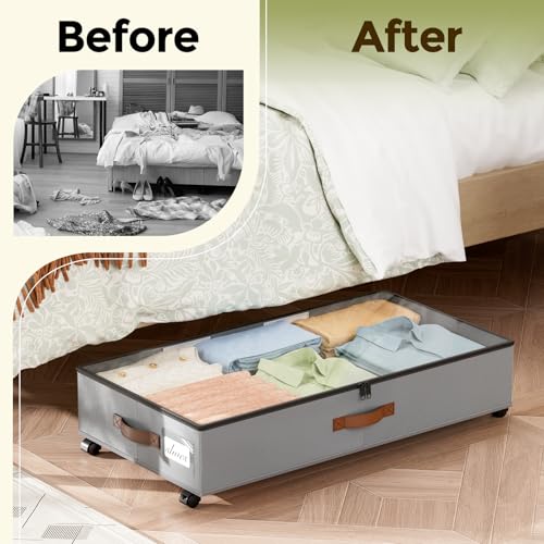 LAMU Under Bed Storage with Wheels, 2 Pack Under Bed Storage Containers with Clear Lids & Label, Rolling Under Bed Drawers for Clothes, Shoes, Blankets, Grey - color: Grey