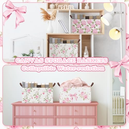 Boao 3 Pcs Pink Hydrangea Foldable Storage Baskets Pink Flower Laundry Basket with Handles Waterproof Storage Bins Fabric Shelf Baskets for Organizing Closet Clothes - style: Pink Floral