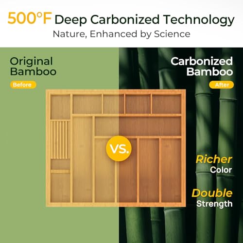 keechee Carbonized Large Bamboo Kitchen Drawer Organizer, 12 Slots Expandable Silverware Organizer, Utensil Holder & Cutlery Tray, 2.5" Deep for Extra Capacity, Non-Slip Feet Included - size: 12 Slots（Large & Expandable）